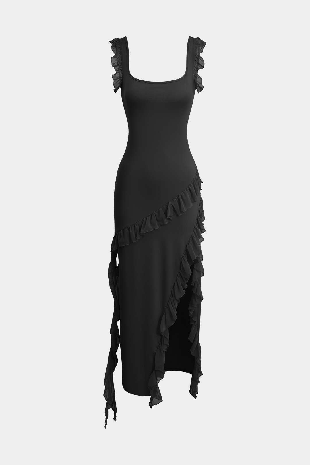 Ruffle Trim Square Neck Slit Sleeveless Maxi Dress