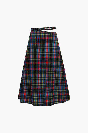 Plaid Cut Out Waist Midi Skirt