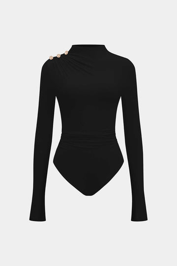 Asymmetrical Button Ruched Long Sleeve Bodysuit