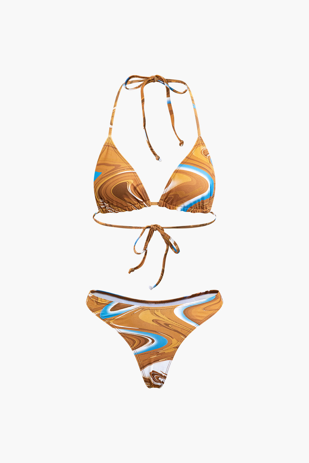 Abstract Print Tie Halter Bikini And Slit Midi Dress Swimsuit Set