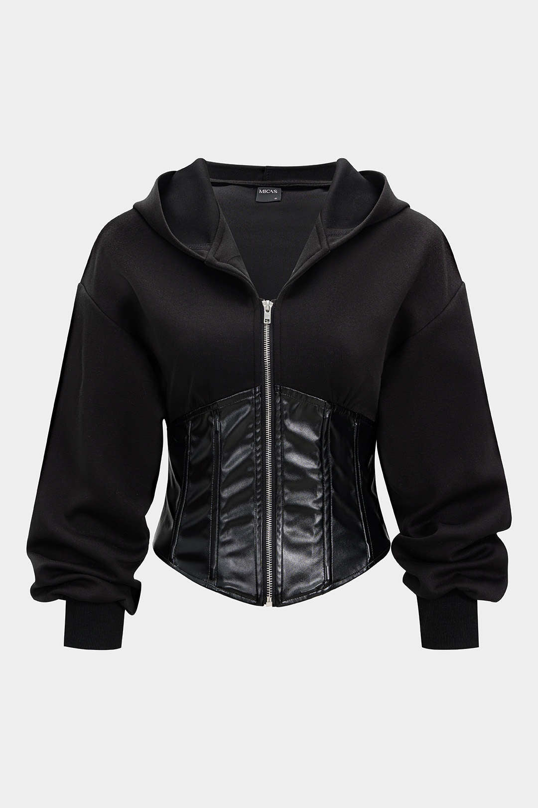 Faux Leather Patchwork Zipper Hoodie