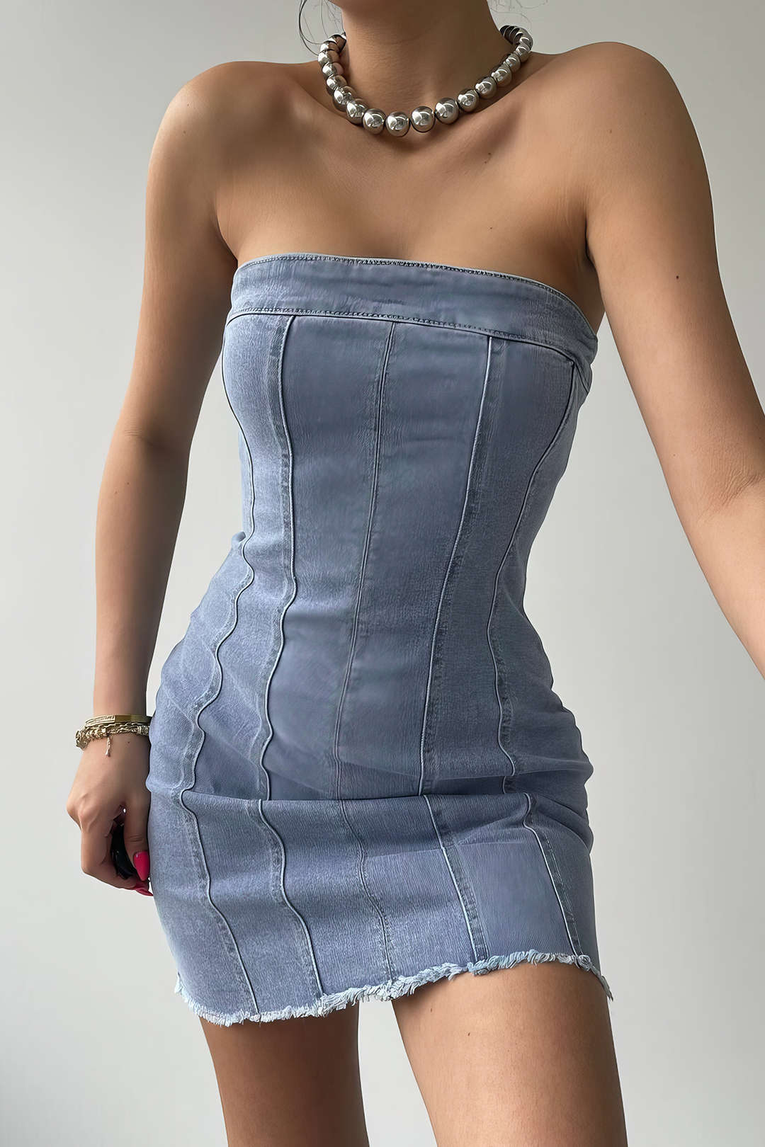 Denim Zipper Strapless Mini Dress