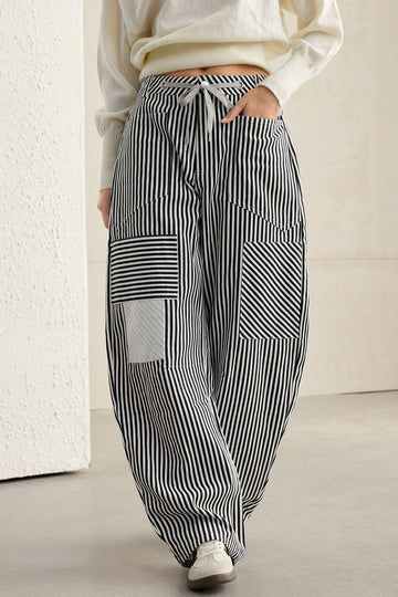 Stripe Print Pocket Drawstring Barrel Trousers