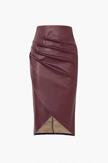 Faux Leather Wrap Ruched Midi Skirt