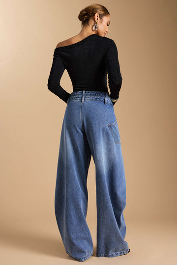 Denim Asymmetric Button Jeans