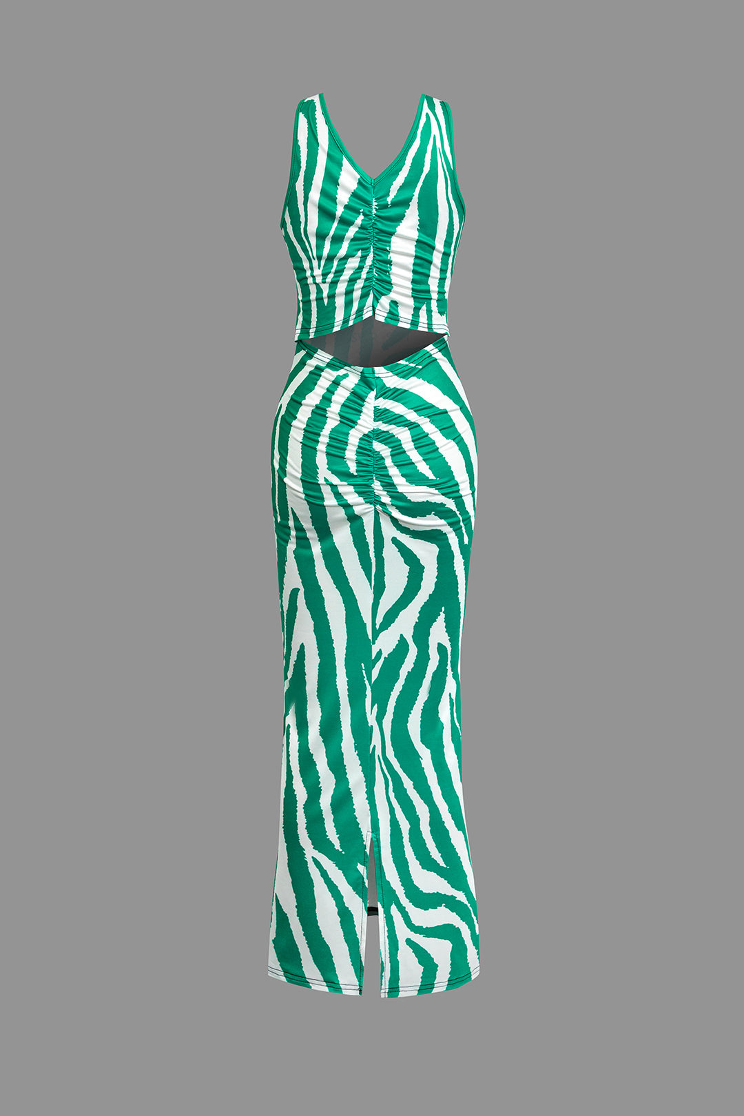 Zebra Print Cut Out Ruched Slit Tank Maxi Dress