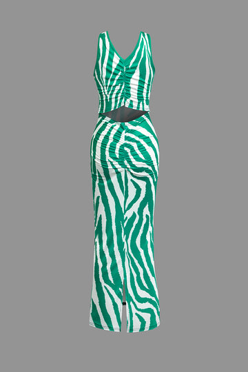 Zebra Print Cut Out Ruched Slit Tank Maxi Dress