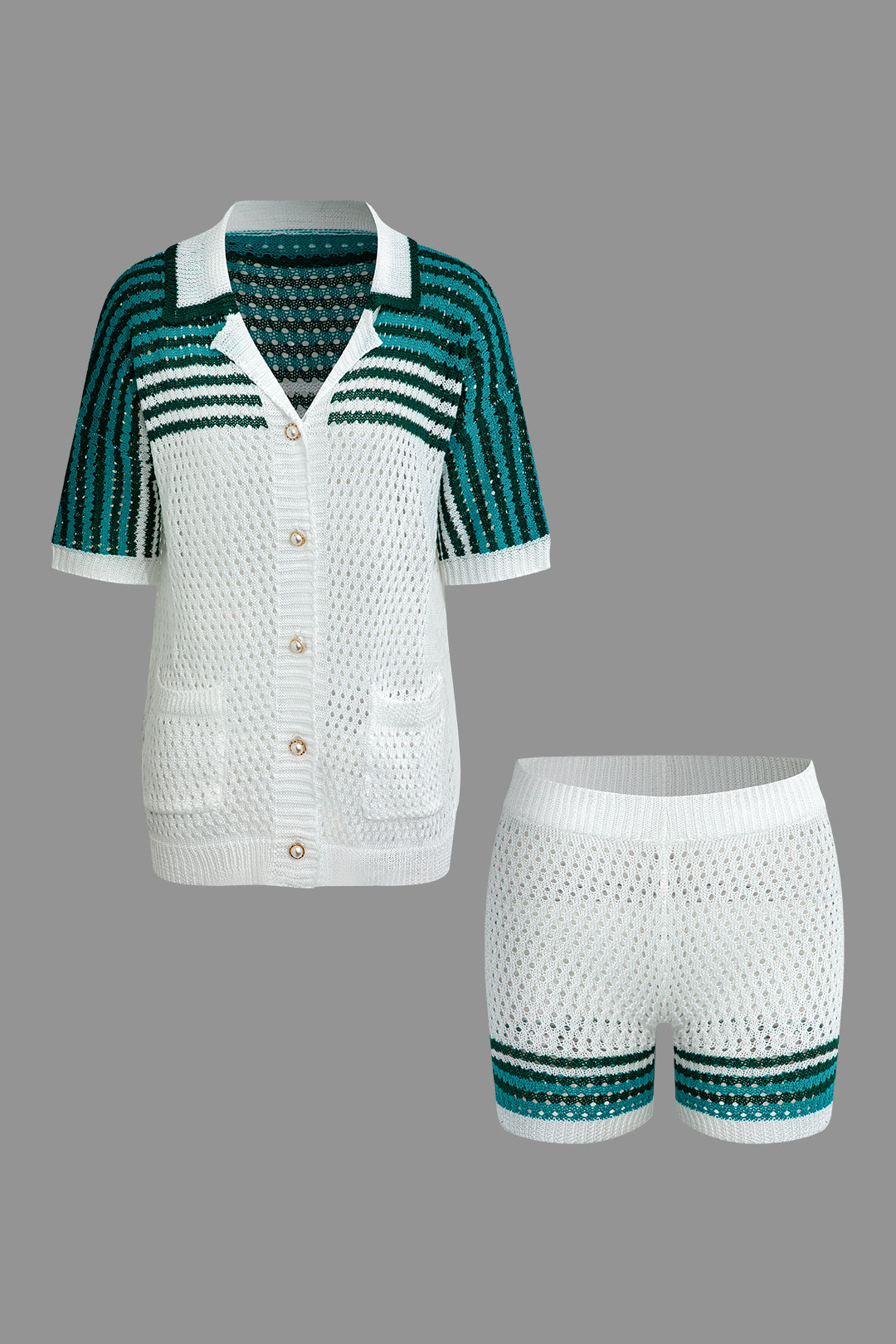 Striped Crochet Knit Cardigan and Shorts Set