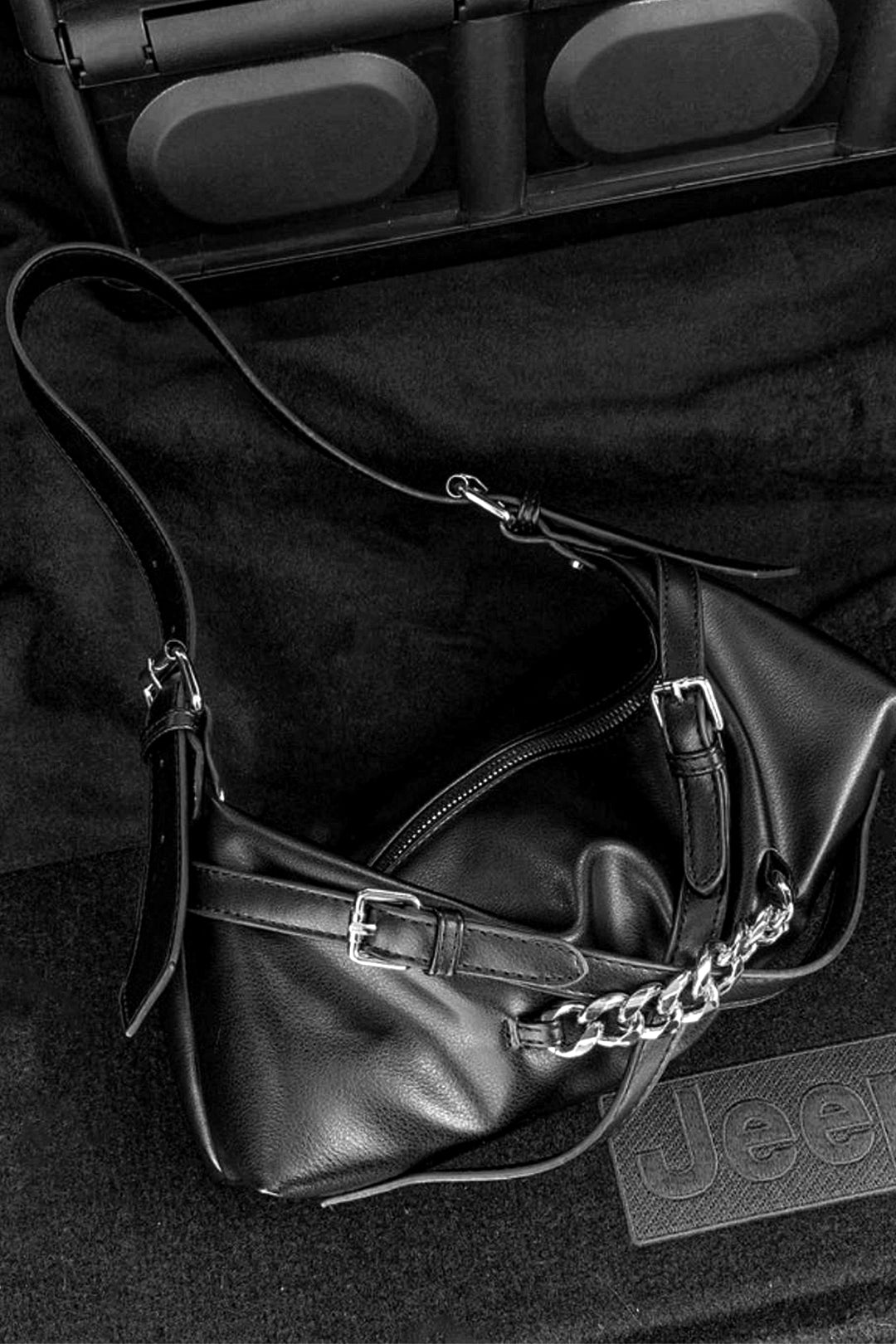Buckle Chain Detail Faux Leather Shoulder Bag