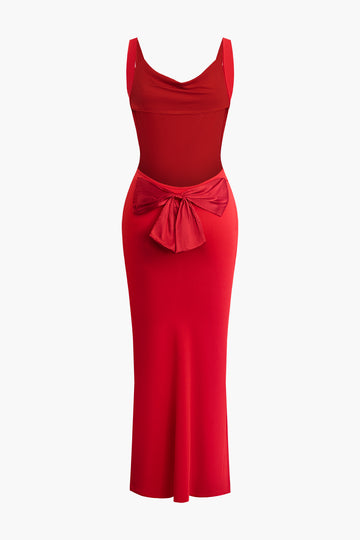 Cowl Neck Bow Detail Backless Sleeveless Maxi Dress
