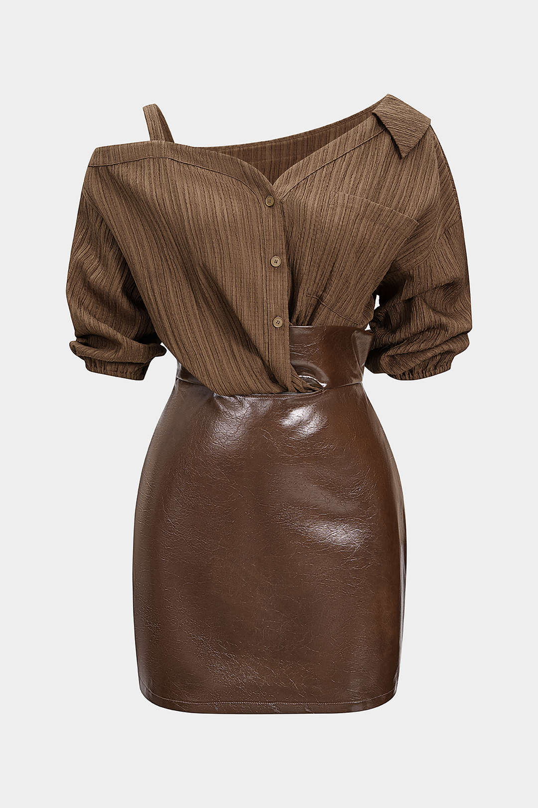 Faux Leather Patchwork Asymmetrical Short Sleeve Mini Dress