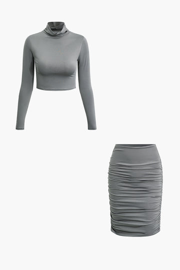 Solid Mock Neck Long Sleeve Crop Top And Ruched Midi Skirt Set