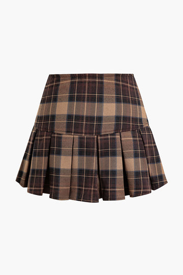 Plaid Retro Print Button Pleated Skirt