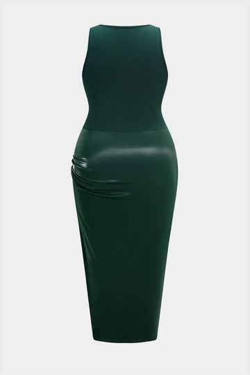 Plus Size Metallic Ruched Square Neck Sleeveless Midi Dress