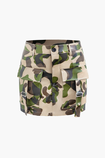 Camouflage Print Faux Leather Mini Skirt
