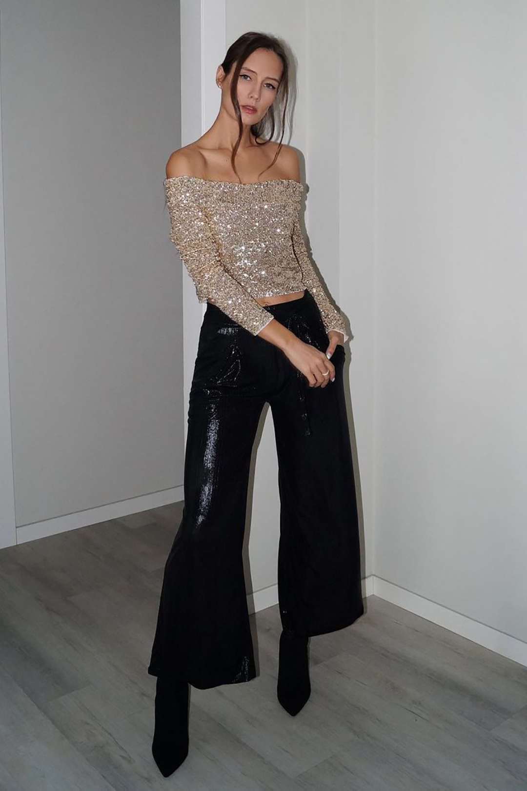 Sequin High Waisted Wide Leg Trousers – Micas