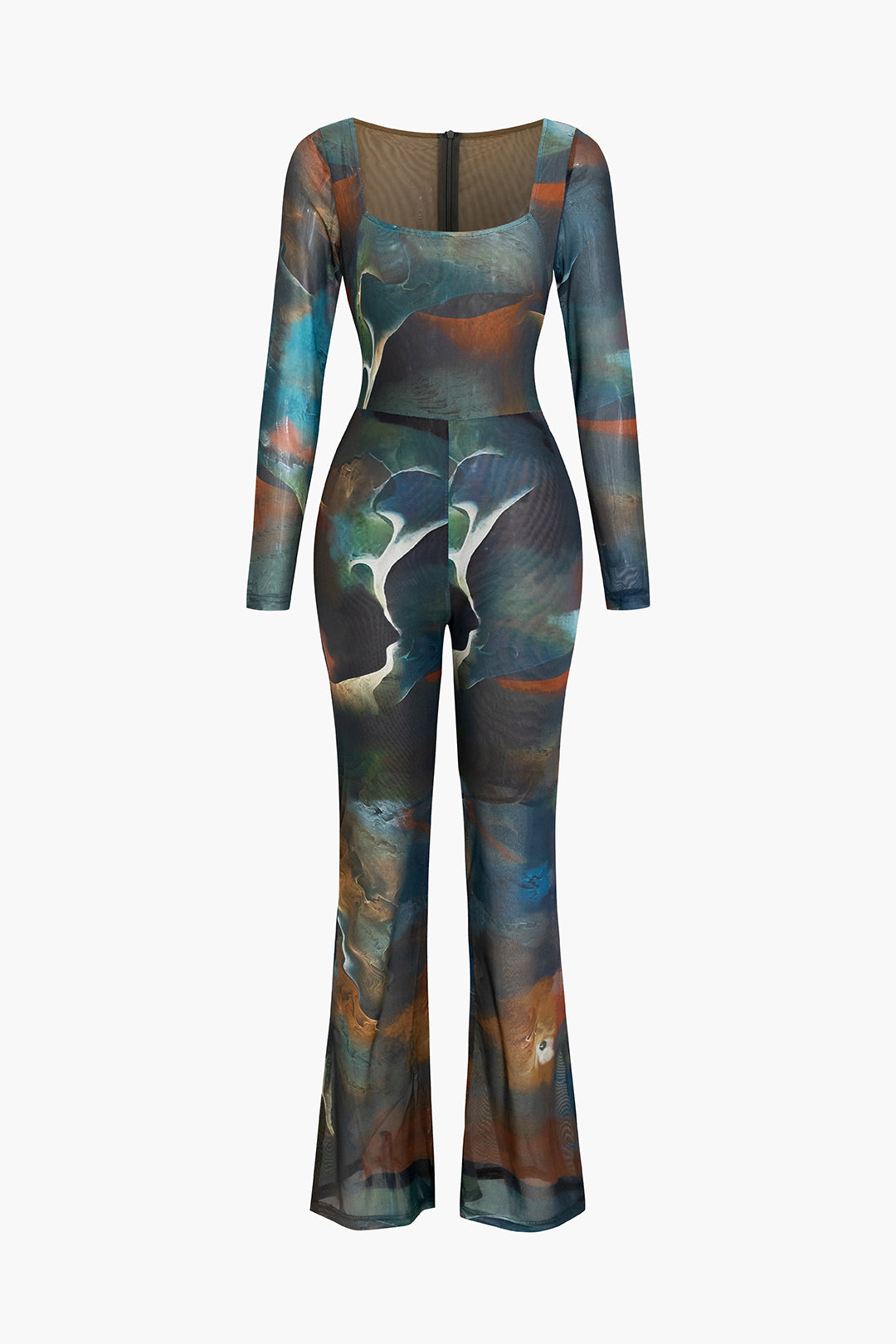 Abstract Print Long Sleeve Mesh Jumpsuit