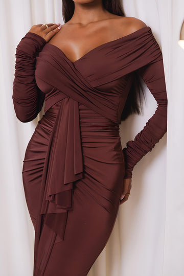 Ruched Off Shoulder Drape Detail Maxi kleit