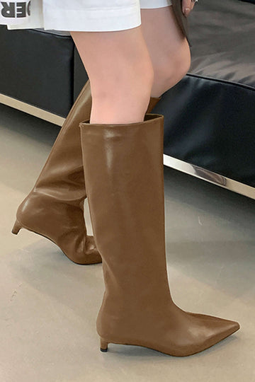 Faux Leather Pointed Toe Thin Heel Knee-High Mid Calf Boots