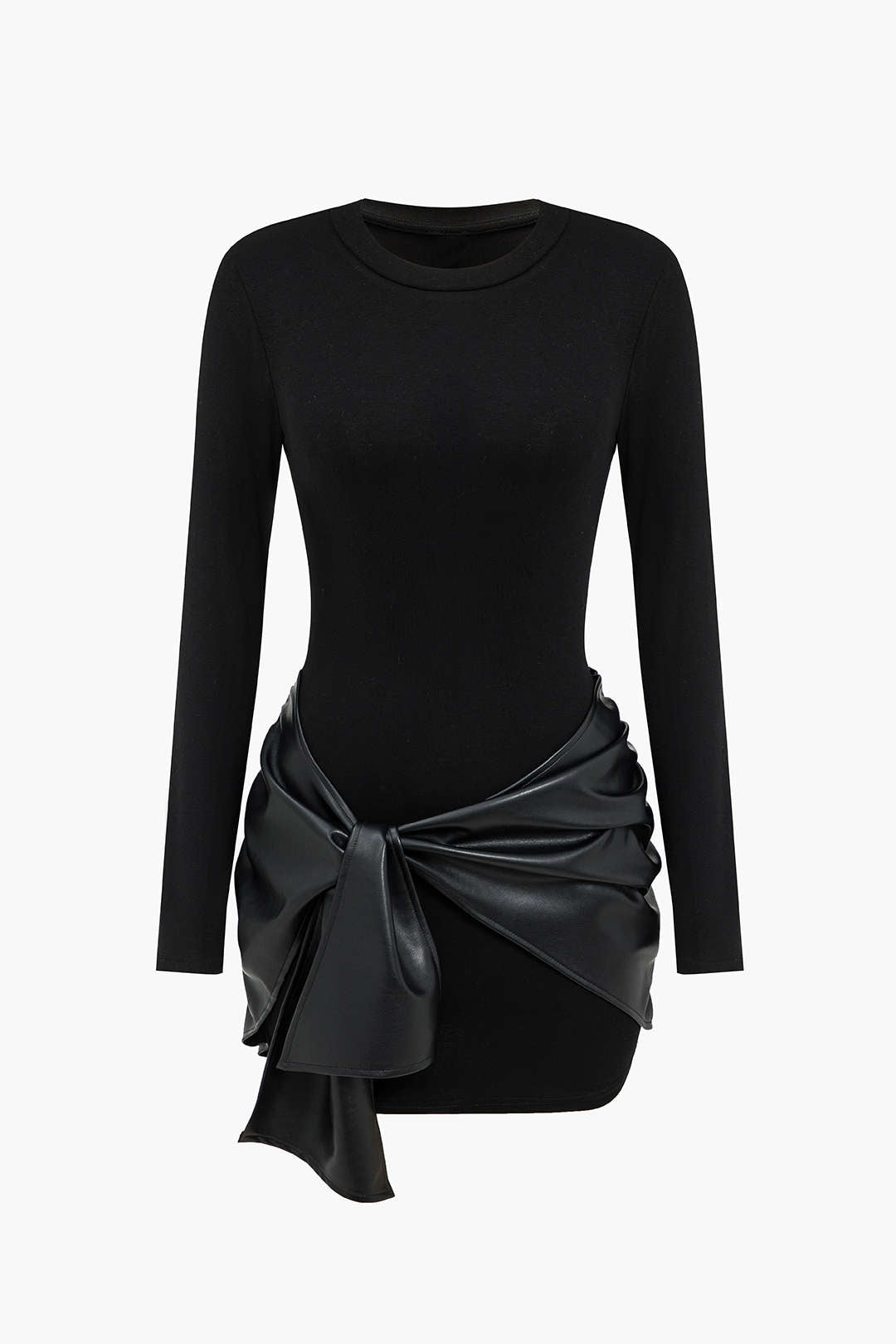 Faux Leather Patchwork Tie Front Round Neck Ruched Mini Dress Faux Leather Patchwork Tie Front Round Neck Ruched Mini Dress