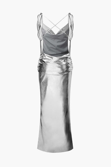 Metallic Tie Strap Ruched Maxi Dress