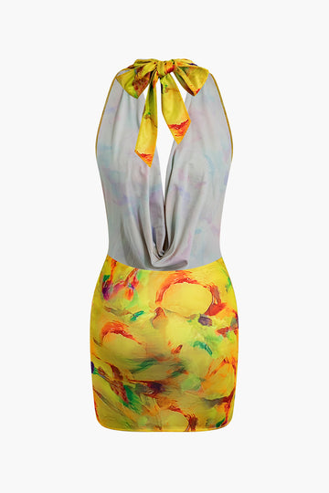 Abstract Print Cowl Neck Backless Mini Dress