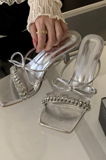 Rhinestone Bow Tie Mid-heeled Sandals