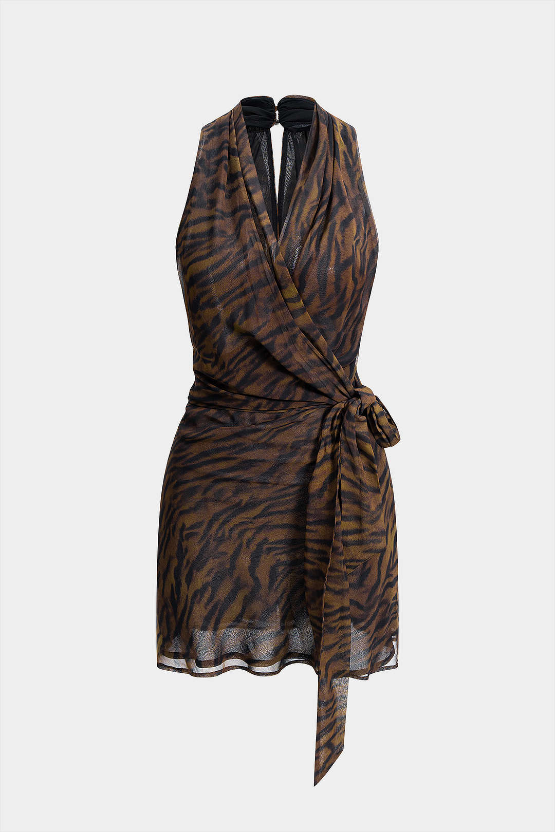 Tiger Print Chiffon V-Neck Asymmetrical Knotted Ruched Sleeveless Mini Dress