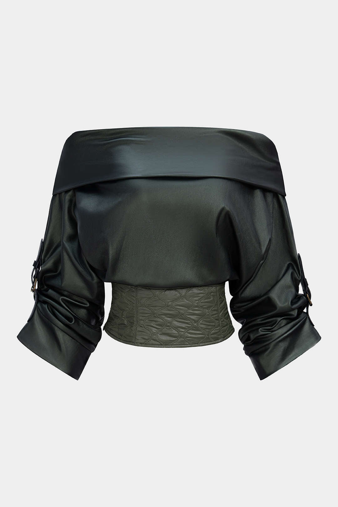 Faux Leather Quilted Patchwork Off Shoulder Long-Sleeve Shirt