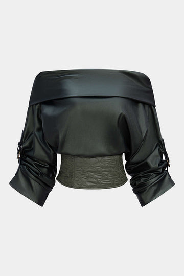 Faux Leather Quilted Patchwork Off Shoulder Long-Sleeve Shirt