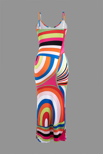 Abstract Print Color Block Slit Slip Maxi Dress