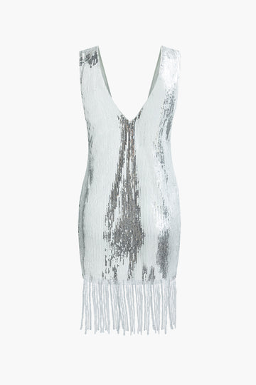 V-neck Sequin Fringe Hem Midi Sleeveless Dress