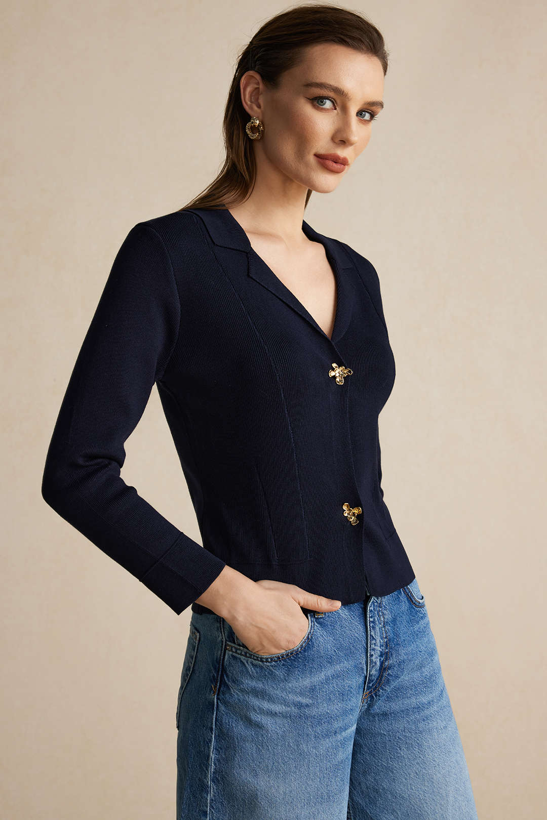 Sweater Button V-Neck Long-Sleeve Top