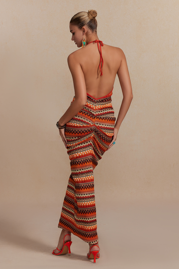 Zigzag Stripe Halter Backless Knit Maxi Dress