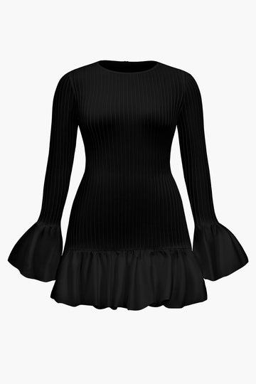 Plus Size Bell Sleeve Ruffle Hem Ribbed Klänning