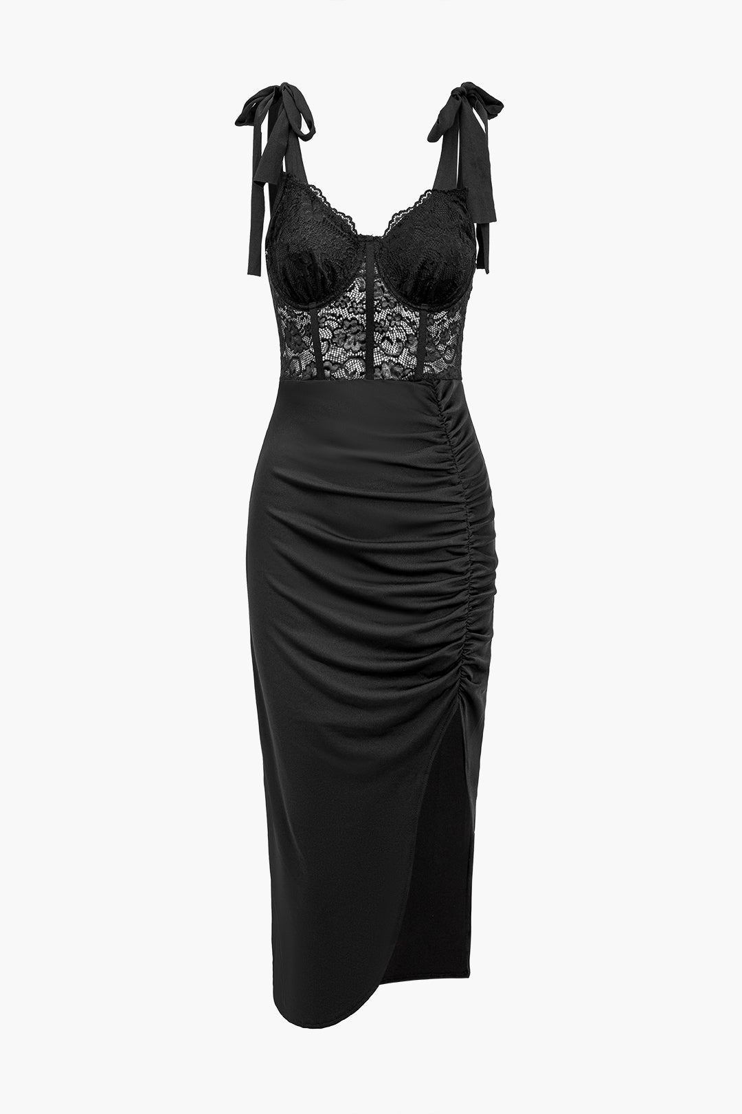 Solid Lace Slit Knotted Sheer Bustier Midi Dress