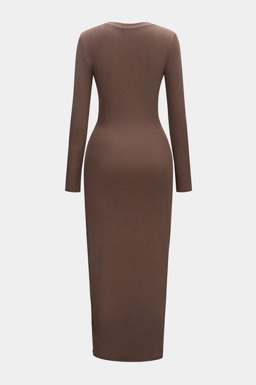 Round Neck Zipper Patchwork Long Sleeve Midi Dress