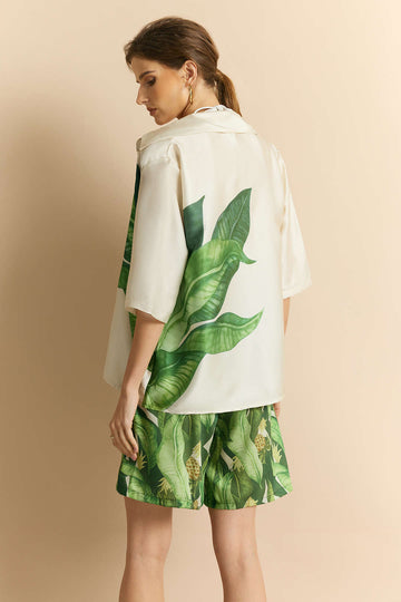 Leaves Print Satin Shirred Shorts