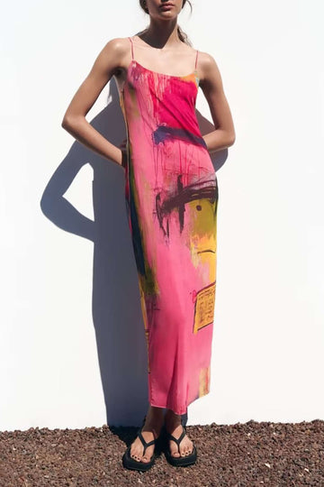 Abstract Print Mesh Maxi Dress