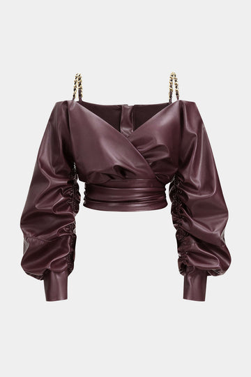 Faux Leather Metallic Crossed Long-Sleeve Shirt