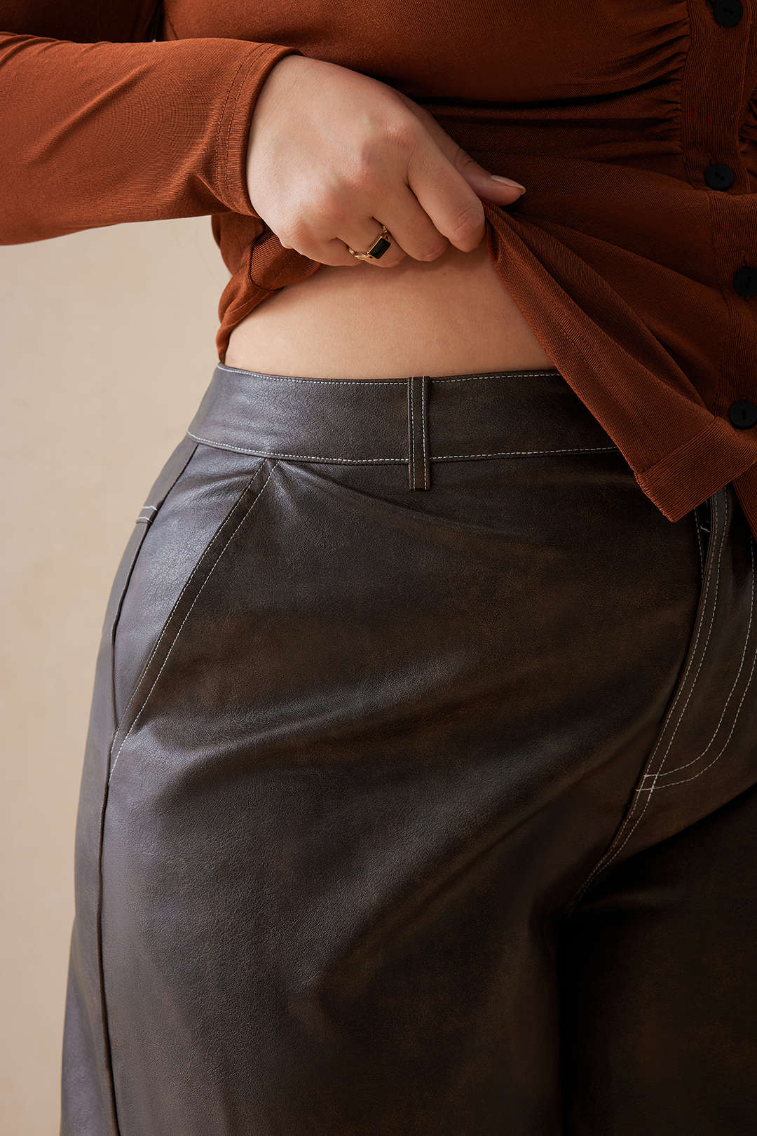 Plus Size Faux Leather High Waist Wide Leg Trousers