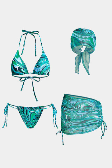 Abstract Print Mesh Four-Piece Swimsuit Set