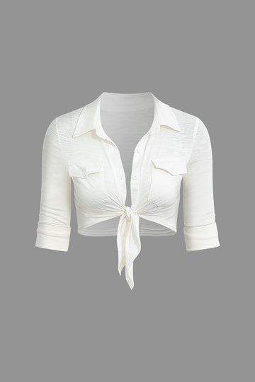 Flap Pocket Knot Crop Short-Sleeve Shirt