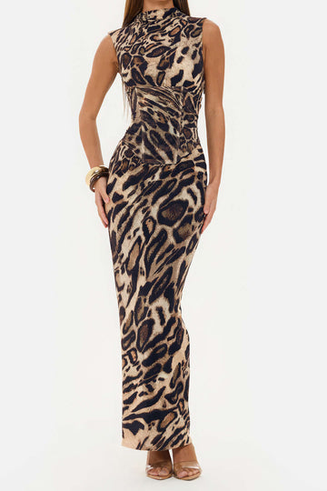 Leopard Print Mock Neck Tie Back Corset Sleeveless Maxi Dress