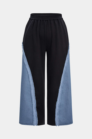 Patchwork plus taille de taille plus à manches longues et à taille haute les pantalons à jambe large de taille haute