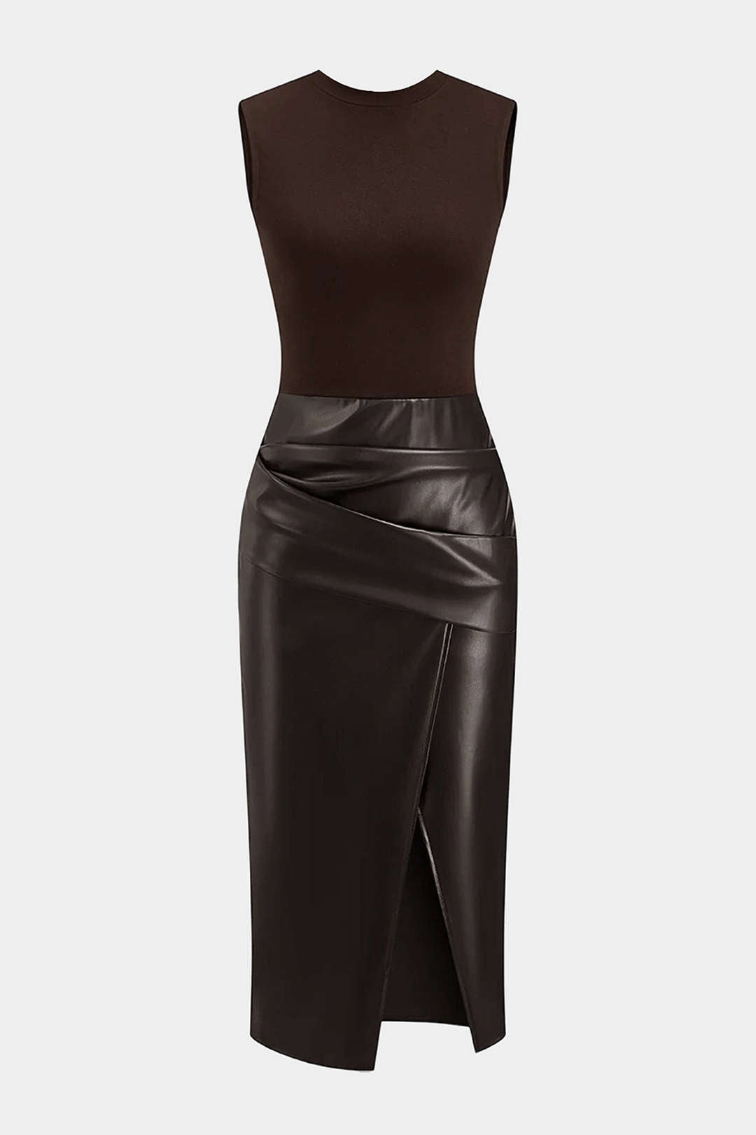 Faux Leather Patchwork Ruched Sleeveless Midi Dress