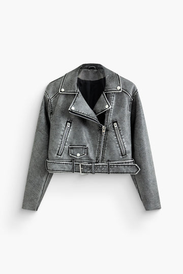 Distressed Faux Leather Notched Lapel Zipper Belted Jacket