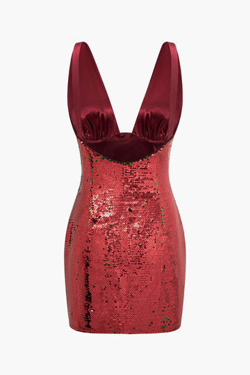 Satin Sequin Zipper V-Neck Sleeveless Mini Dress