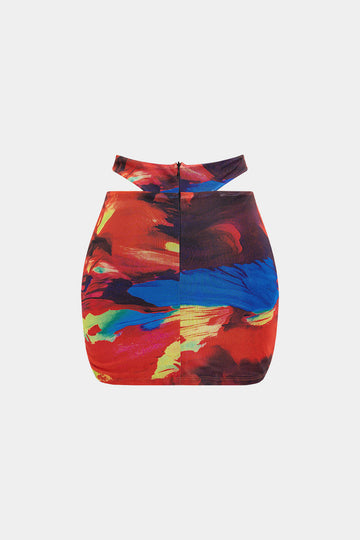 Mesh Abstract Print Cut Out Crossed Skirt