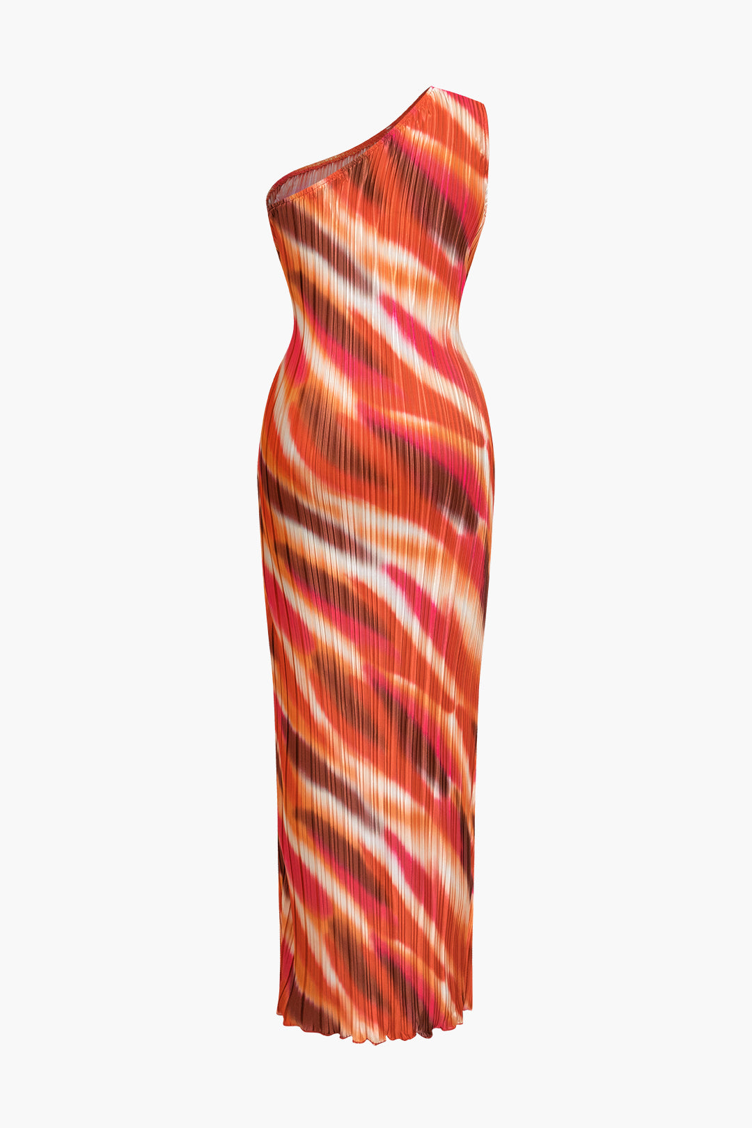 Abstract Print Plisse One Shoulder Cut Out Slit Midi Dress